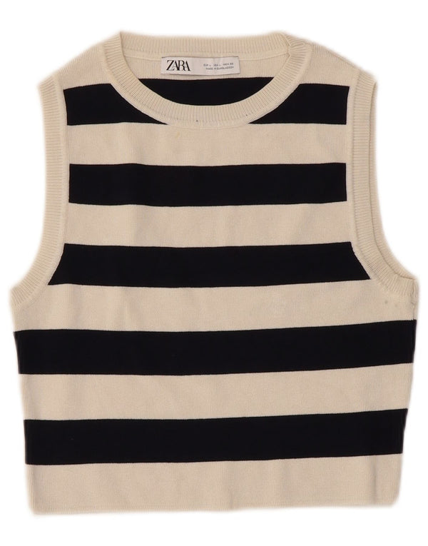 Zara Womens Crop Vest Débardeur UK 14 Grande Viscose Rayée Blanche