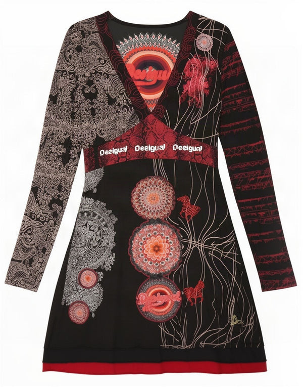 Desigual Robe trapèze à manches longues pour femme UK 44 Large Noir Coton