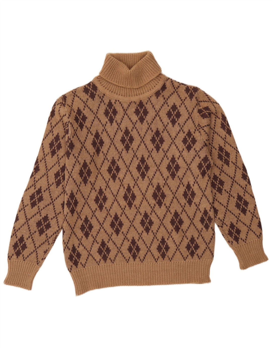 VINTAGE Pull col roulé femme UK 18 XL Marron Argyle/Diamant