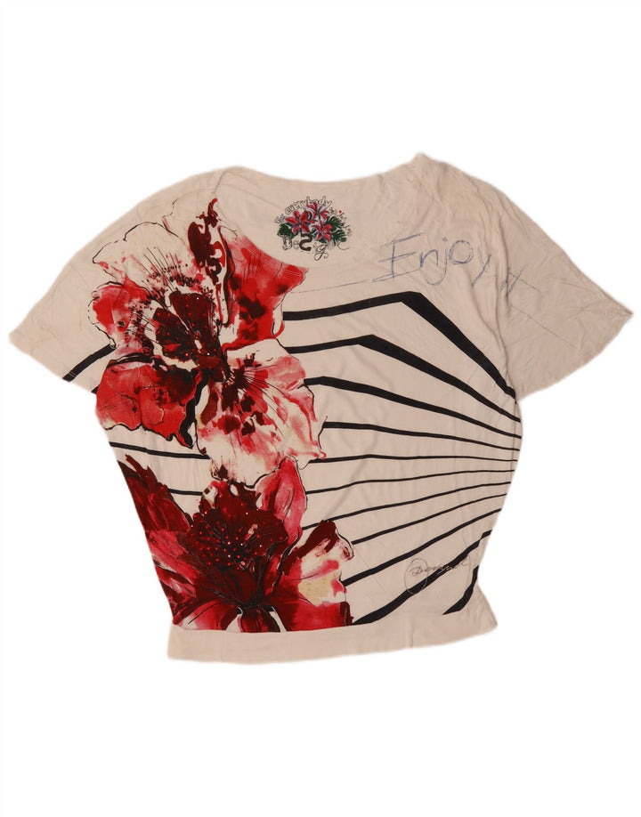 DESIGUAL T-shirt graphique pour femme UK 16 Grand coton floral blanc