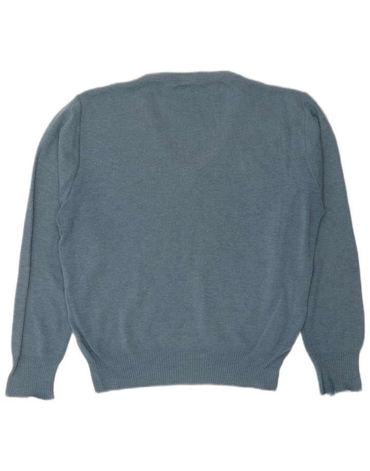 VINTAGE Womens V-Neck Jumper Sweater UK 14 Medium Blue Geometric Wool