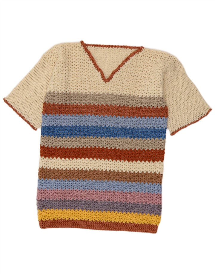 vintage Femme V-Col Jumper Pull UK 14 Moyen Multicolore Rayé