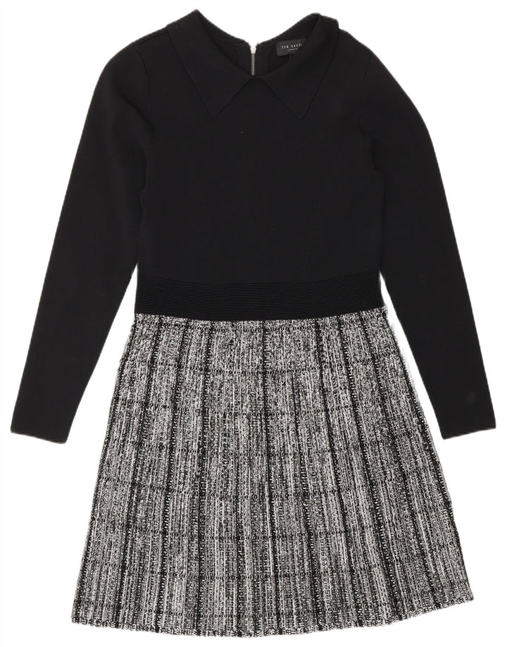 Ted Baker Robe basique à manches longues pour femme Taille 2 Petit carreaux noirs Viscose