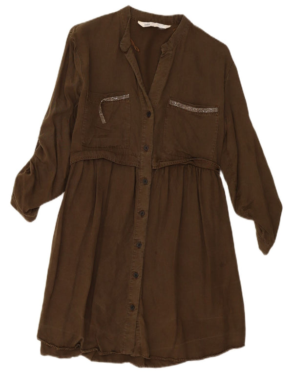 Zara Robe chemise à manches 3/4 pour femme UK 10 Petit Kaki Lyocell