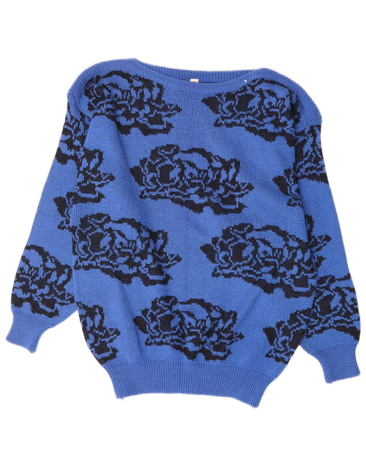 vintage Femmes Bateau Cou Jumper Pull UK 14 Moyen Bleu Floral