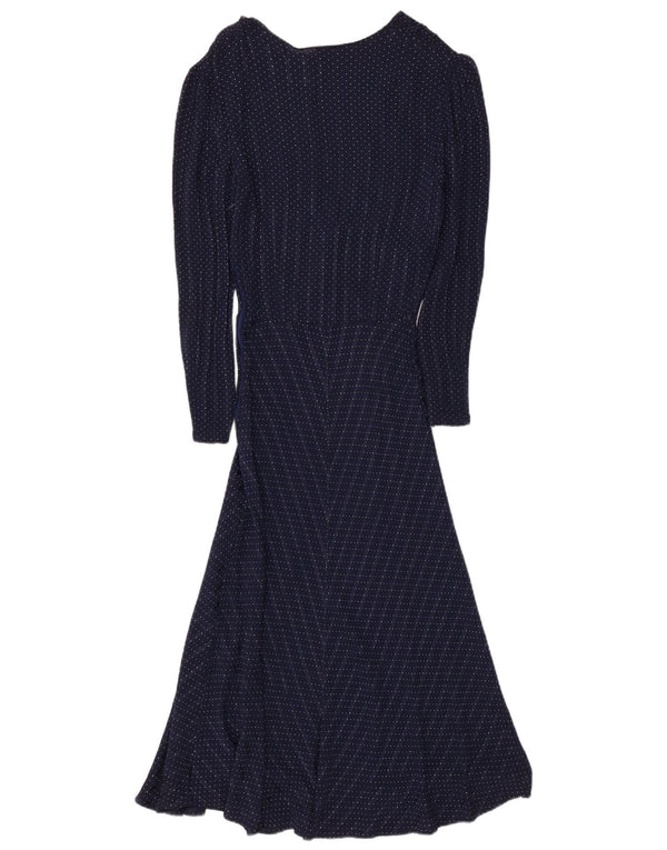 vintage Femme Manches Longues Maxi Robe UK 8 Petit Bleu Marine Repéré