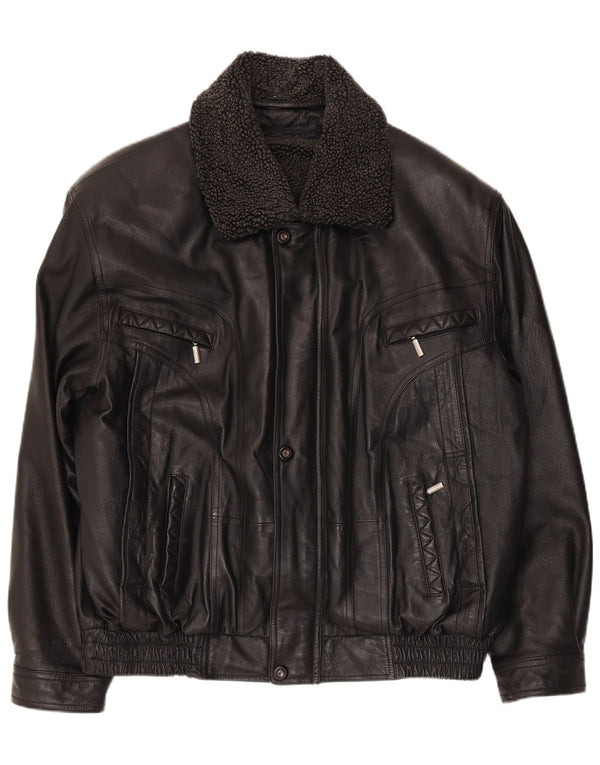 vintage Mens Faux Cuir Bomber Jacket UK 40 Grand Polyester Noir