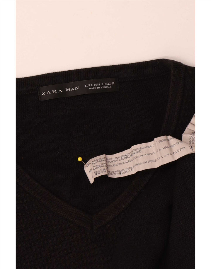 Zara Pull col V pour homme en coton noir Large