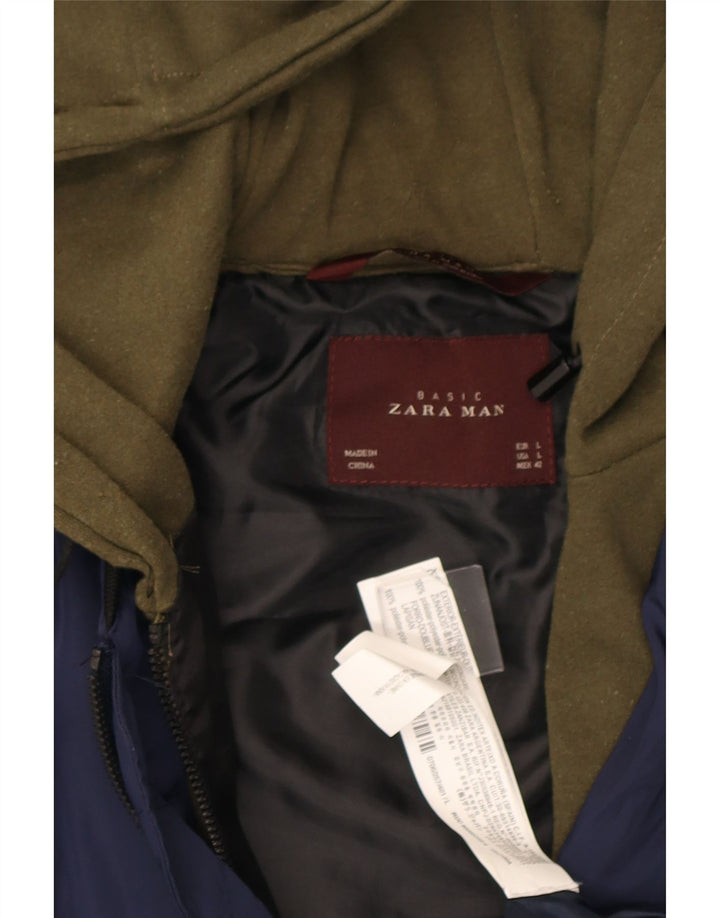 Zara Veste bomber à capuche pour homme UK 40 Large Bleu marine Colorblock Polyester