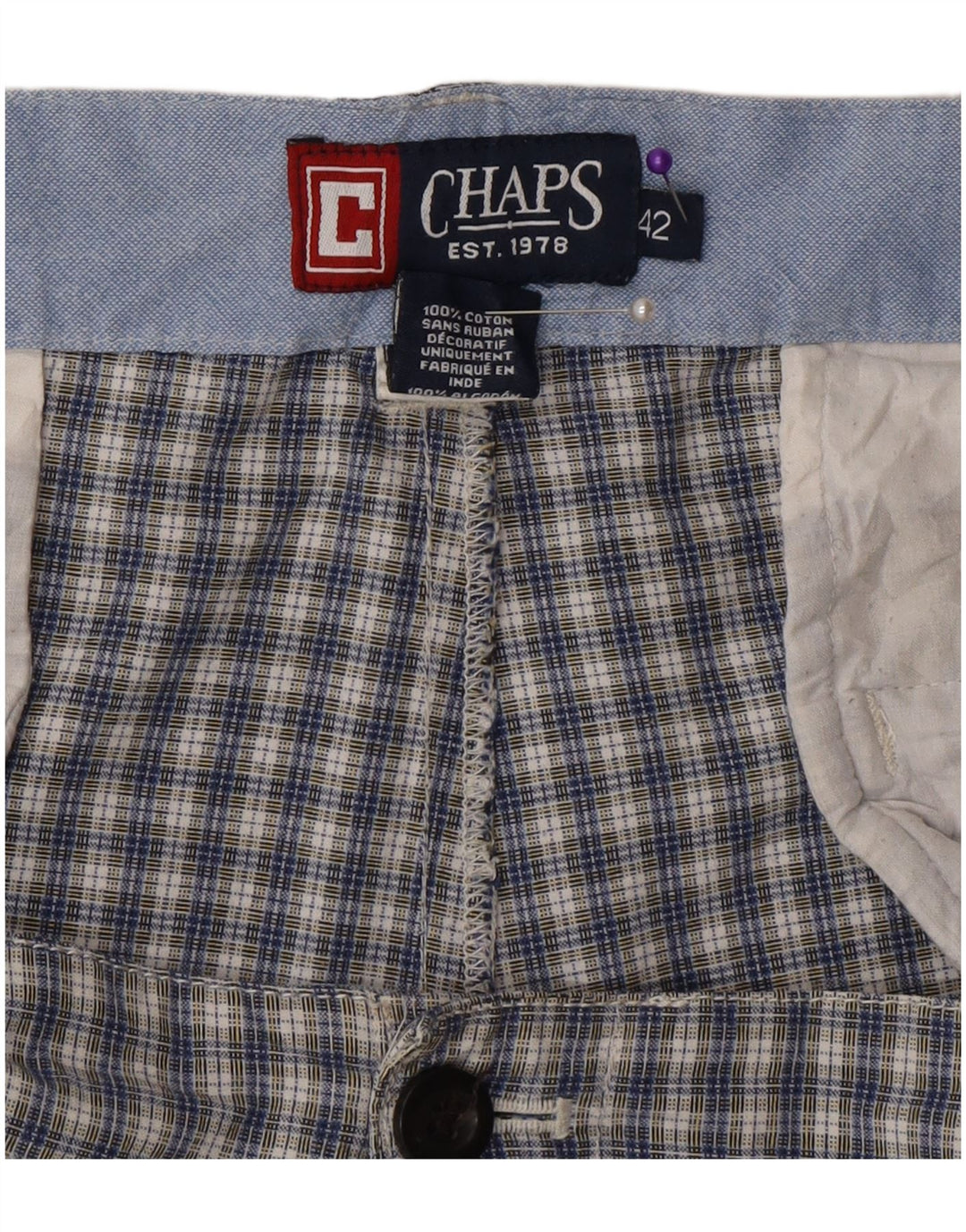 Chaps Short Chino Homme W42 2XL Bleu à Carreaux Coton