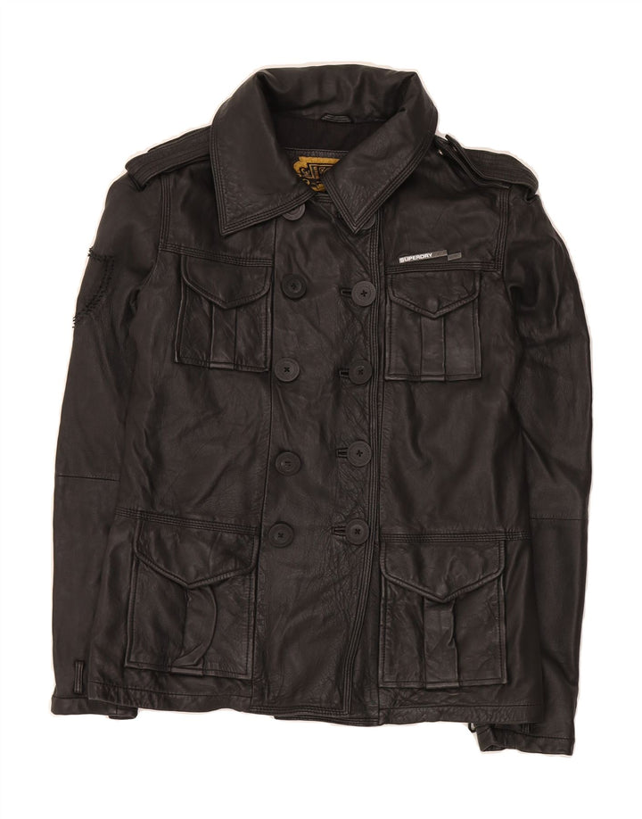 SUPERDRY Womens Military Double Breasted Jacket UK 14 Medium Black Leather Vintage Superdry and Second-Hand Superdry from Messina Hembry 