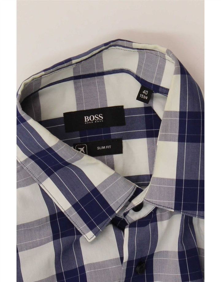 Hugo Boss Chemise slim fit pour homme Taille 40 15 3/4 Bleu moyen à carreaux