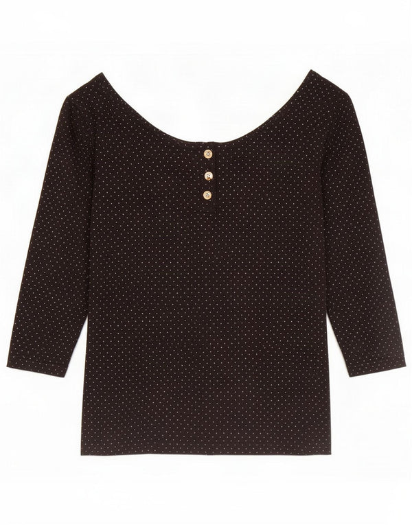 vintage Femmes 3/4 Manches Blouse Top UK 6 XS Noir Spotted Coton