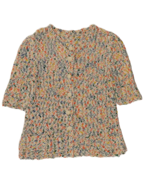 vintage Femmes Manches Courtes Cardigan Pull UK 8 Petit Multicolore