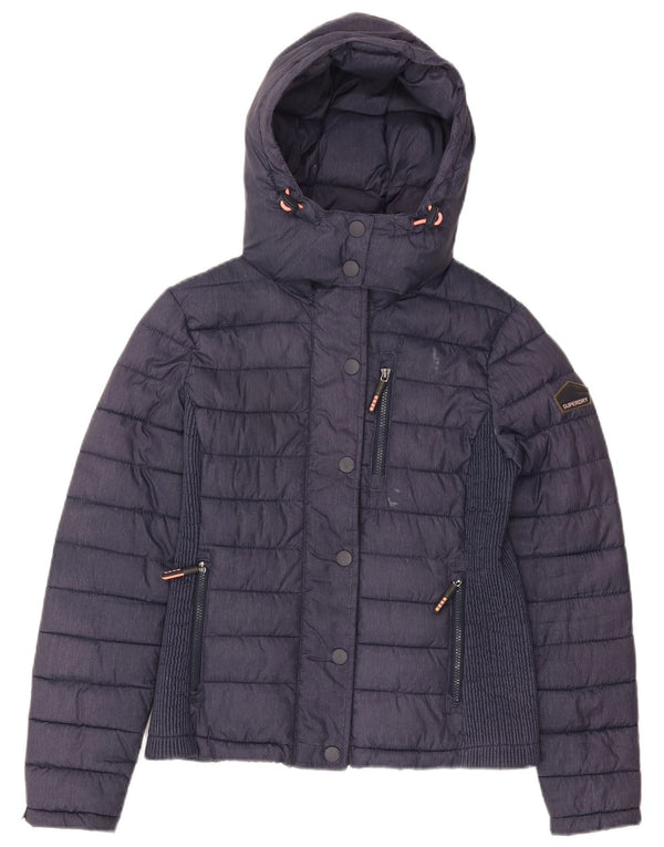 Superdry Veste matelassée à capuche pour femme UK 14 Large Bleu Marine Polyester