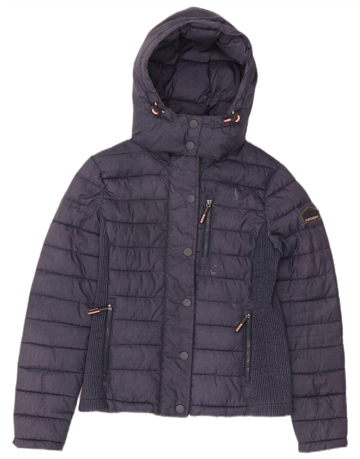Superdry Veste matelassée à capuche pour femme UK 14 Large Bleu Marine Polyester