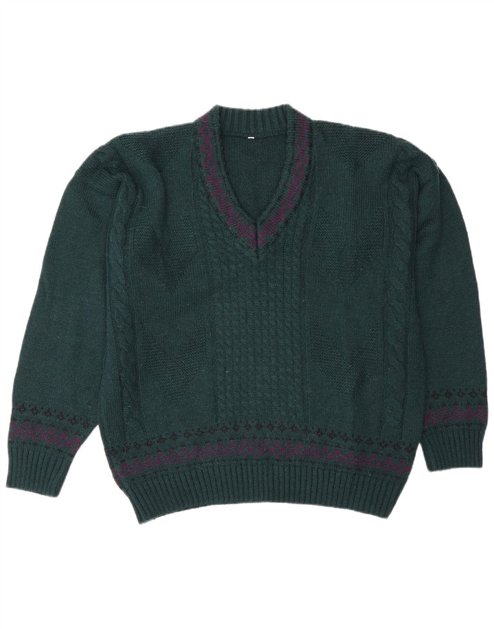vintage Homme Col V Pull Pull IT 50 Laine Vert Moyen