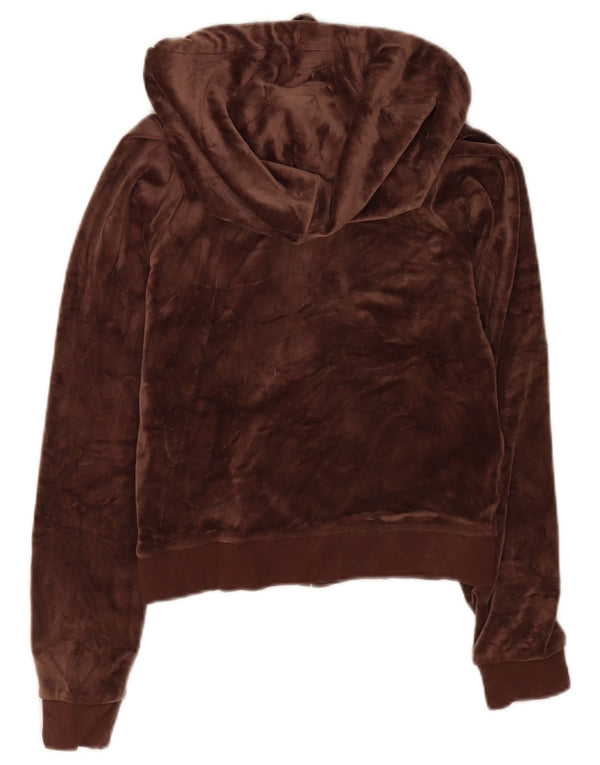 Juicy Couture Womens Crop Graphic Velour Zip Hoodie Sweater UK 6 XS Brown