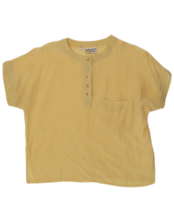 vintage Femme Manches Courtes Blouse Top UK 14 Grande Soie Jaune