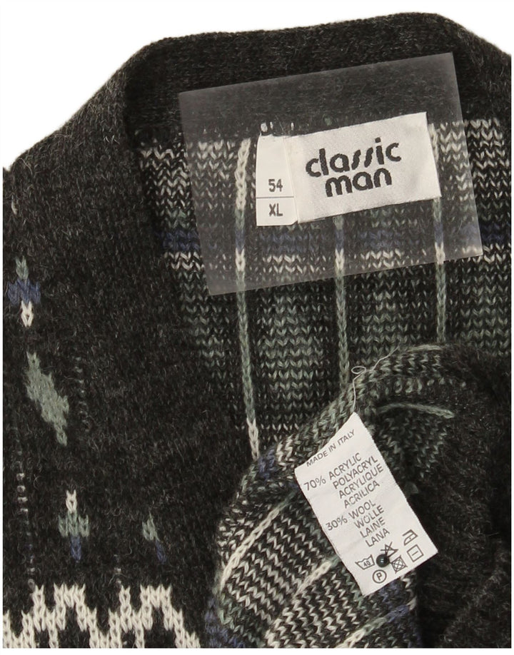 vintage Mens Cardigan Sweater IT 54 XL Gris Fair Isle Acrylique