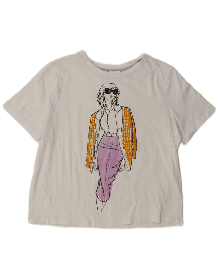 Zara T-shirt graphique surdimensionné pour femme UK 10 Petit Blanc