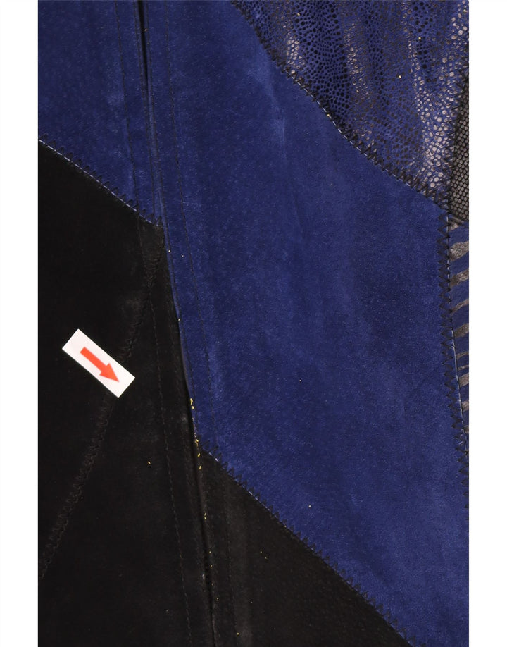 vintage Femme Suède Pardessus UK 12 Cuir Colorblock Bleu Moyen