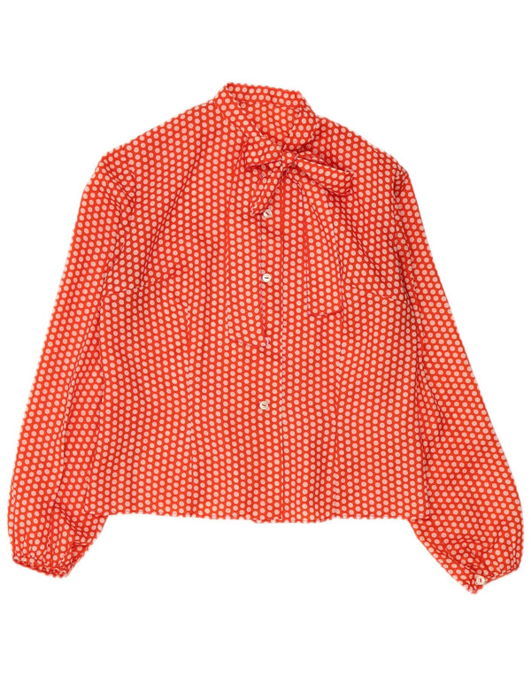 vintage Femme Front Tie Shirt Blouse UK 14 Medium Orange Polka Dot
