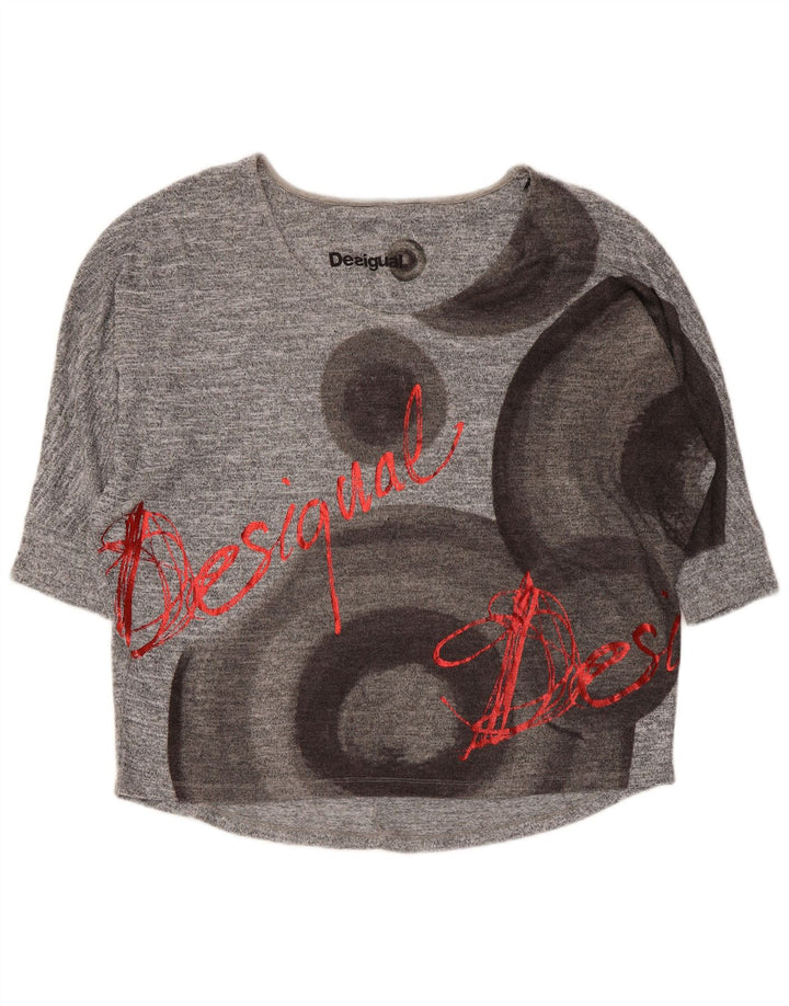 Desigual Haut Graphique Femme Manches 3/4 UK 14 Gris Moyen Géométrique
