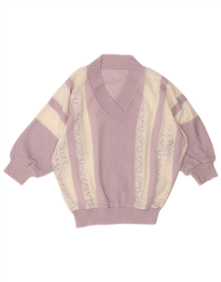 vintage Womens Crop V-Col Jumper Pull UK 10 Petit Violet Rayé