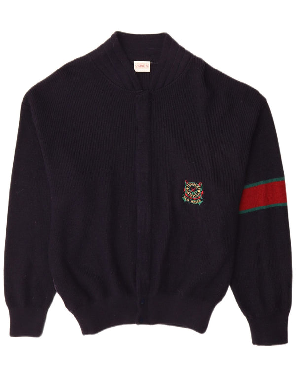 vintage Mens Cardigan Pull Grande Marine Bleu Colourblock Laine