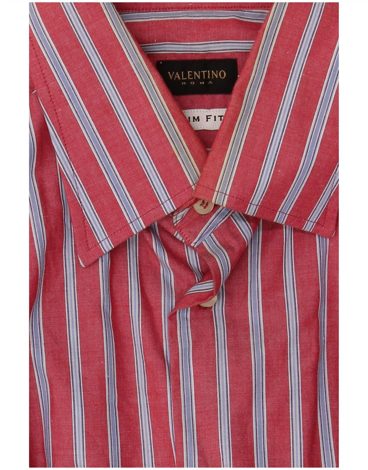 VALENTINO Chemise Slim Fit Homme Taille 15 1/2 40 Coton Rayé Rouge Moyen