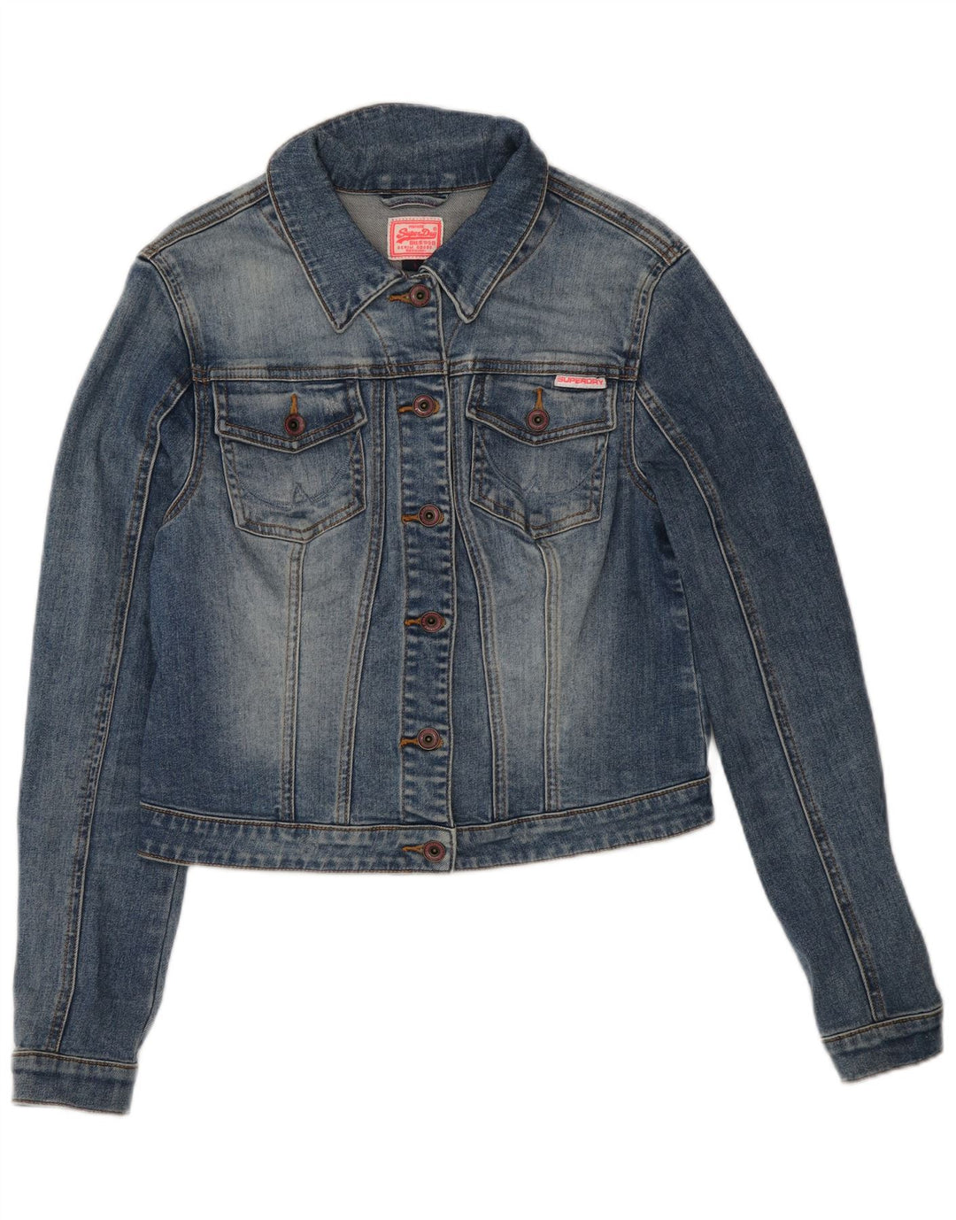 Superdry Veste en jean crop pour femme UK 14 Large Bleu Coton