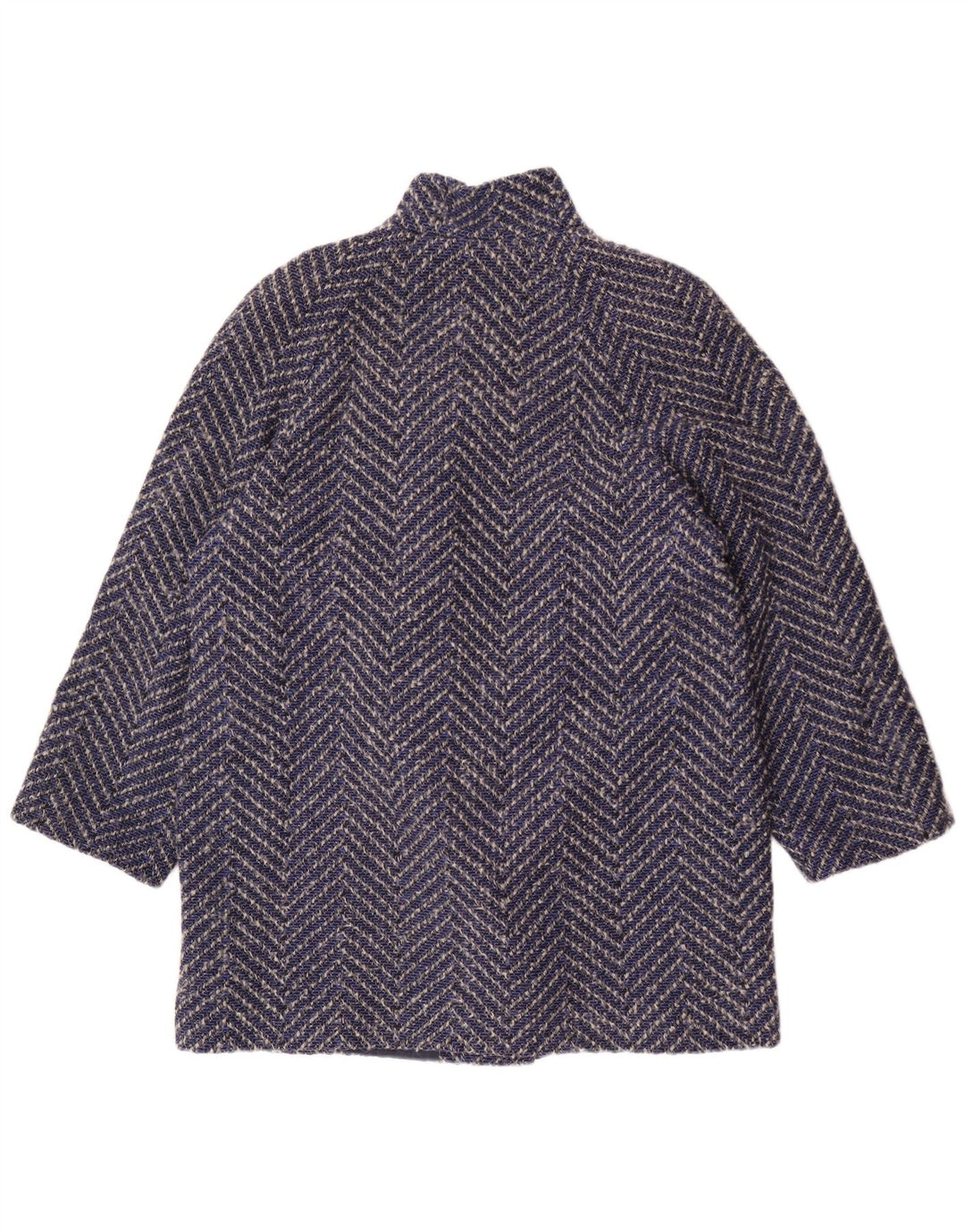 vintage Femme Double Breasted Coat UK 14 Grande Laine Chevron Bleu Marine