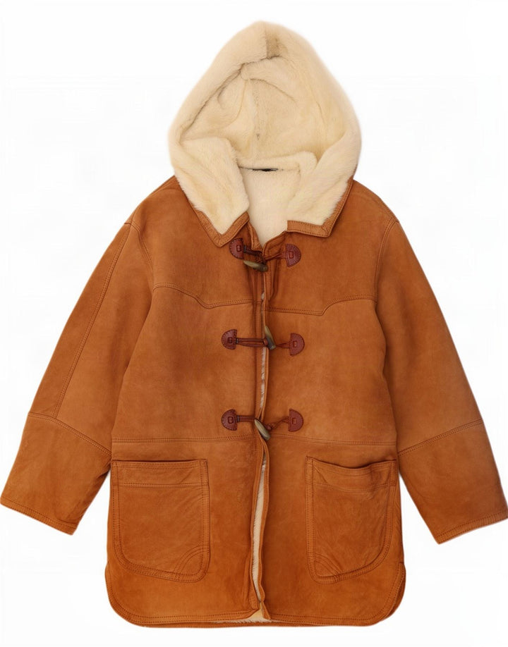 vintage Femmes À Capuchon Duffle Shearling Coat IT 44 Brun Moyen