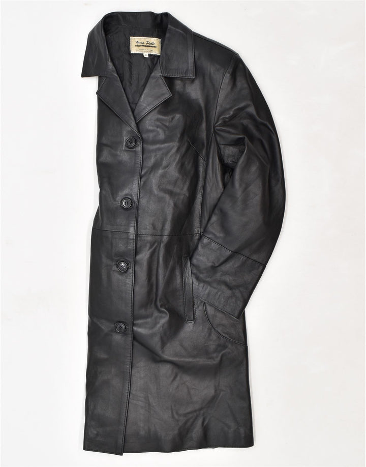 VINTAGE Manteau en Cuir Femme IT 48 XL Cuir Noir