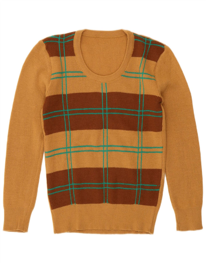 vintage Womens Crew Neck Jumper Pull UK 12 Moyen Brun Géométrique