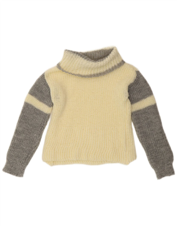 VINTAGE Pull col roulé femme UK 10 Petit color block blanc cassé