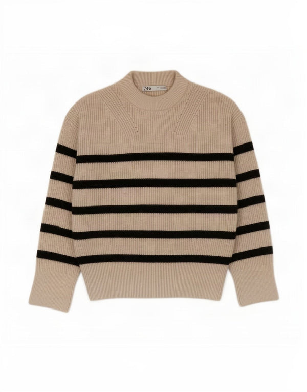 Zara Pull surdimensionné à col roulé pour femme UK 10 Petit rayé beige