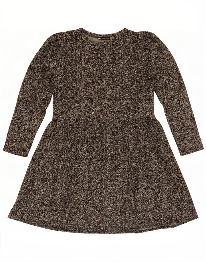 Zara Robe basique à manches longues pour femme UK 44 en polyester floral marron moyen