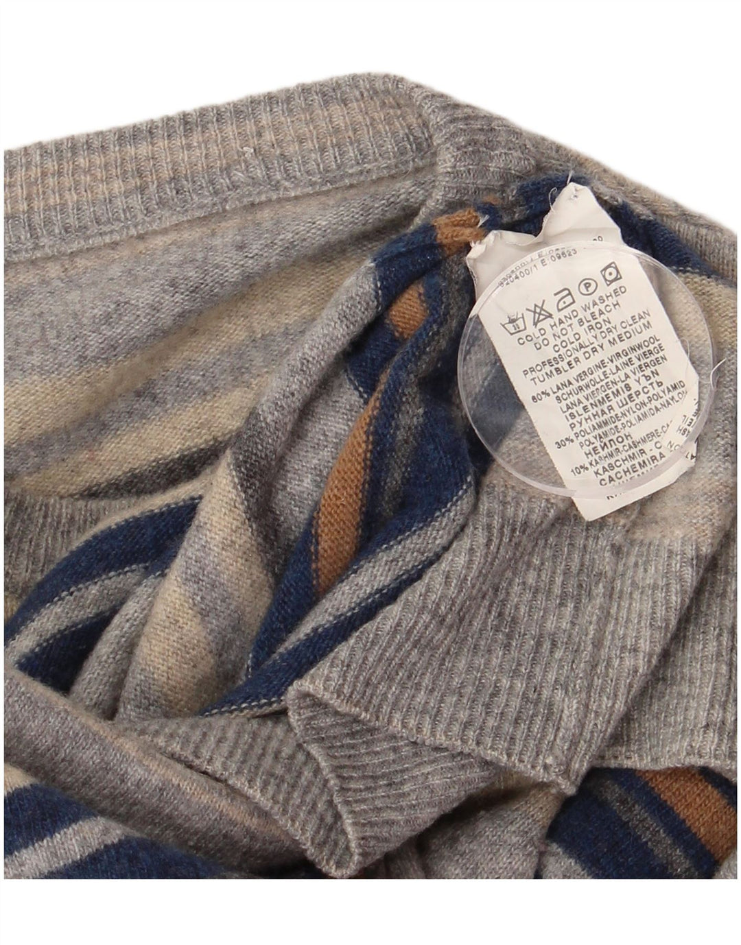 vintage Mens Crew Neck Jumper Pull Petite Laine Vierge Rayée Grise