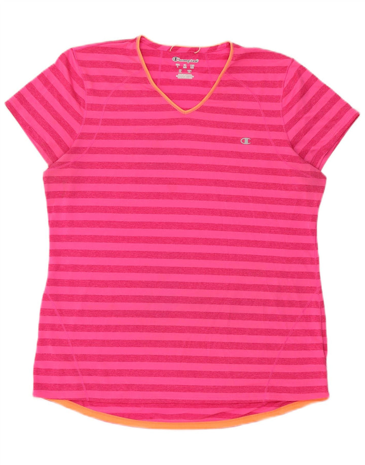 Champion T-Shirt Femme Top UK 16 Large Rose Rayé Polyester