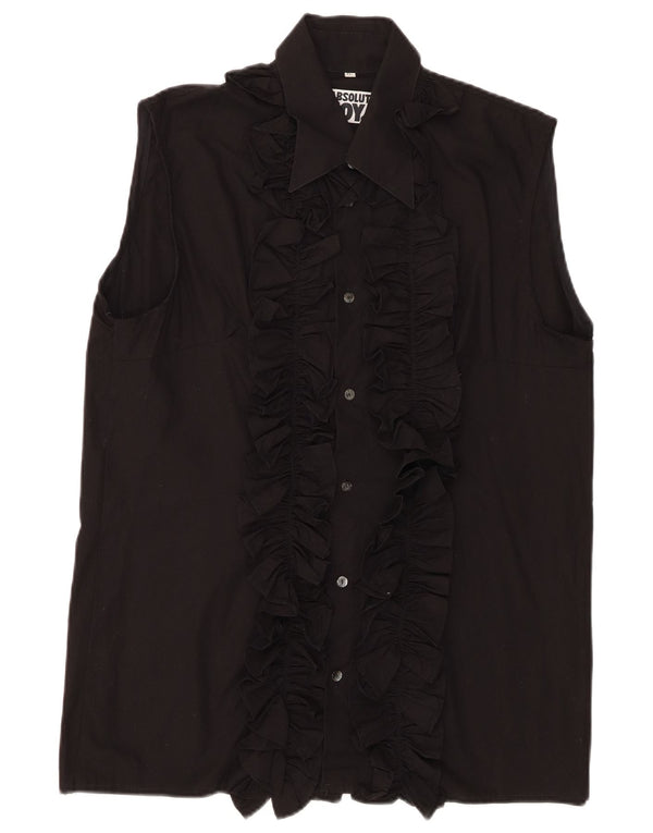vintage Femmes Sans Manches Ruffle Front Shirt UK 18 XL Noir
