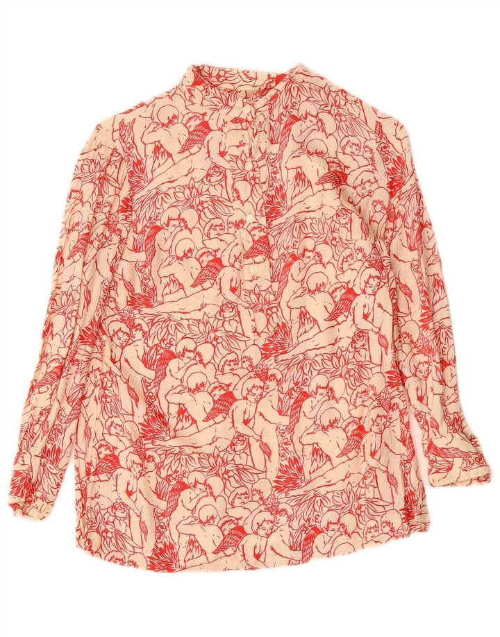 VINTAGE Femme Chemise Graphique Blouse UK 12 Moyen Blanc