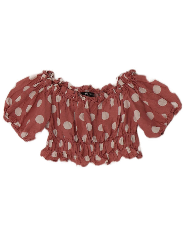 Zara Femmes Hors Épaule Crop Top UK 6 XS Rouge À Pois Lin