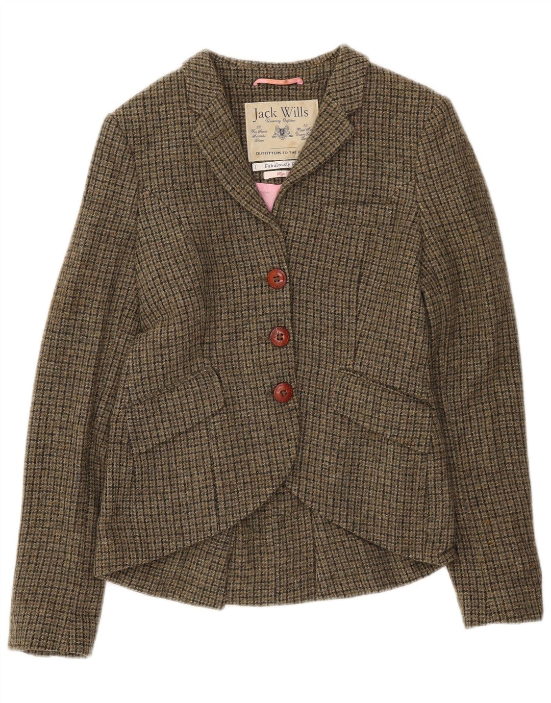 Jack Wills Veste blazer à 3 boutons pour femme UK 10 Petite laine pied-de-poule kaki