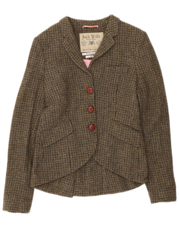 Jack Wills Veste blazer à 3 boutons pour femme UK 10 Petite laine pied-de-poule kaki