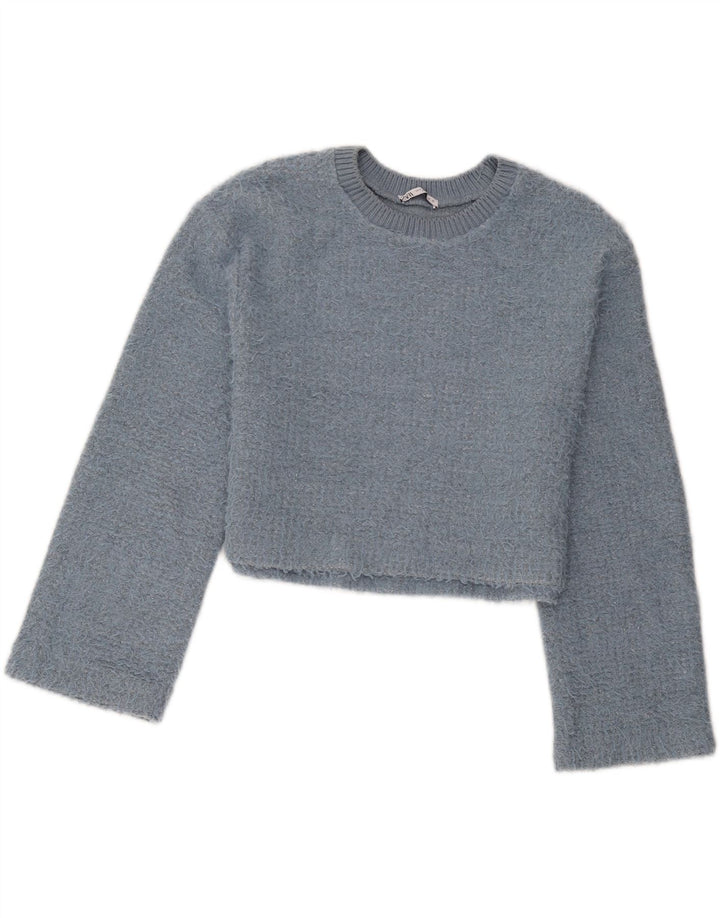 Zara Pull court à col rond pour femme UK 14 Bleu moyen Polyester