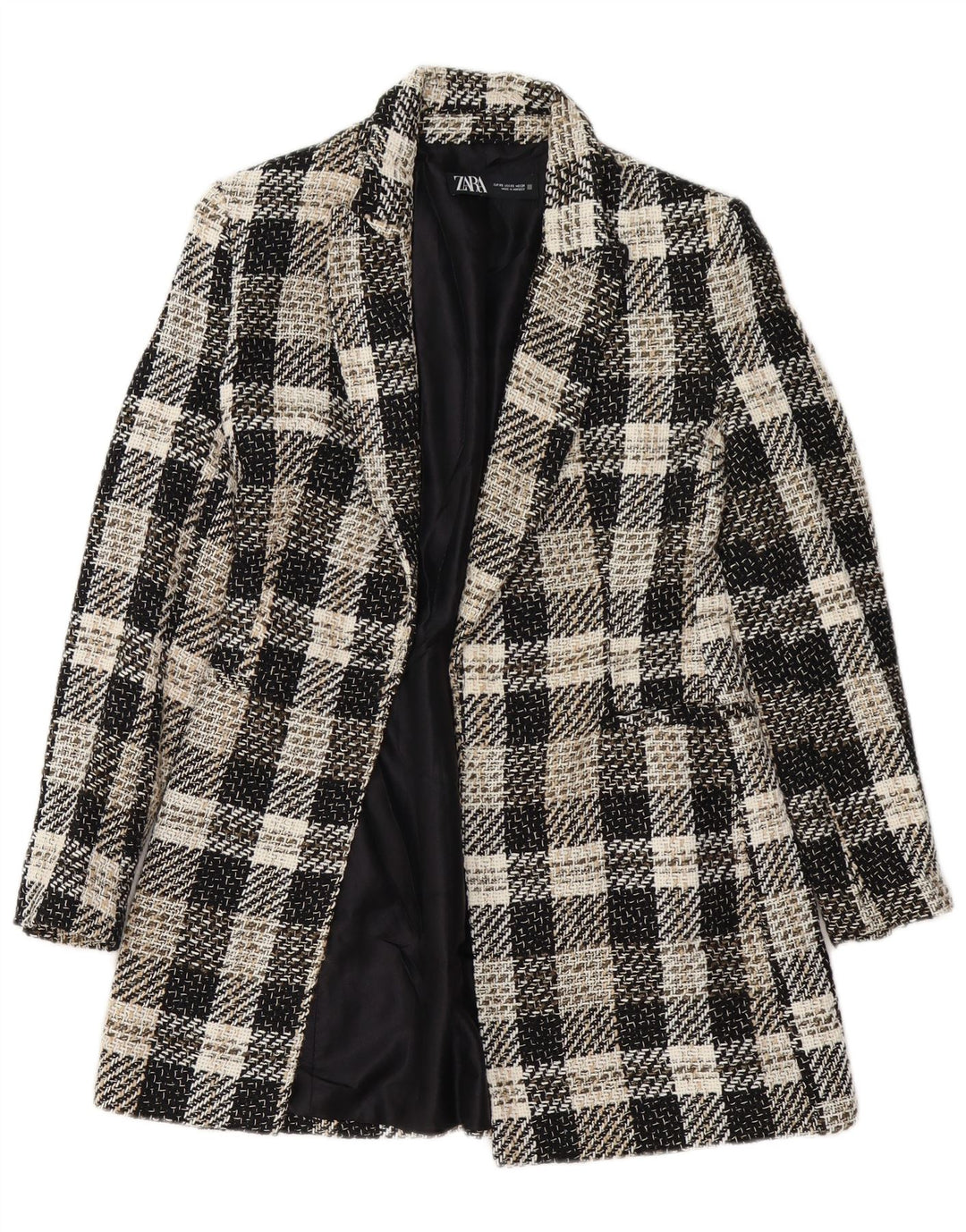 Zara Femme Manteau Ouvert UK 6 XS Acétate À Carreaux Noir