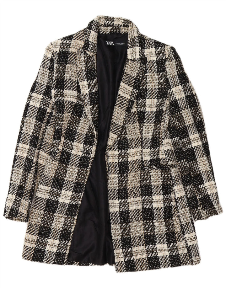 Zara Femme Manteau Ouvert UK 6 XS Acétate À Carreaux Noir