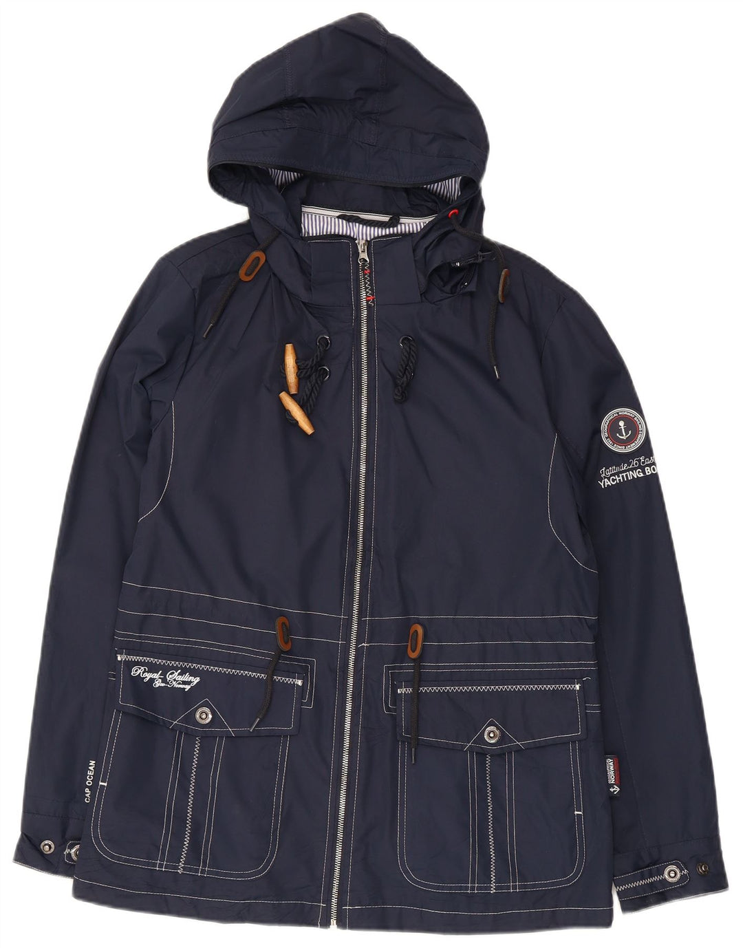 Veste de pluie à capuche graphique femme vintage UK 12 Polyester bleu marine moyen